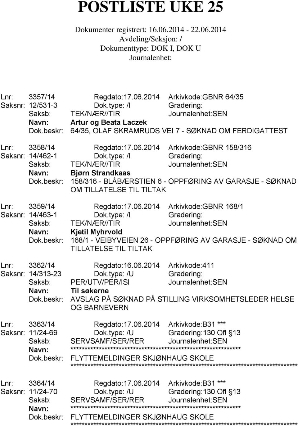 type: /I Gradering: Saksb: TEK/NÆR//TIR SEN Navn: Bjørn Strandkaas Dok.beskr: 158/316 - BLÅBÆRSTIEN 6 - OPPFØRING AV GARASJE - SØKNAD OM TILLATELSE TIL TILTAK Lnr: 3359/14 Regdato:17.06.