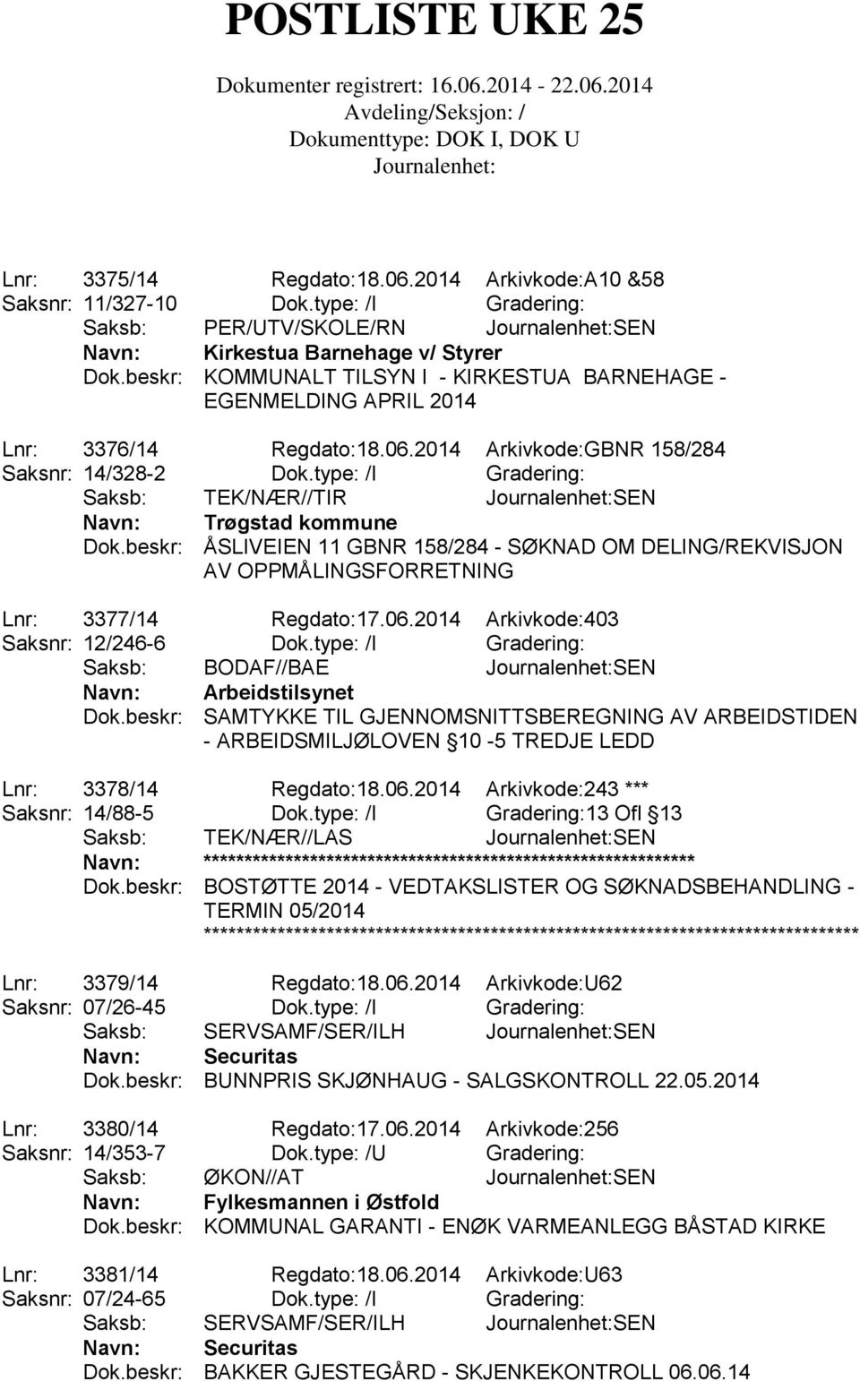 type: /I Gradering: Saksb: TEK/NÆR//TIR SEN Navn: Trøgstad kommune Dok.beskr: ÅSLIVEIEN 11 GBNR 158/284 - SØKNAD OM DELING/REKVISJON AV OPPMÅLINGSFORRETNING Lnr: 3377/14 Regdato:17.06.