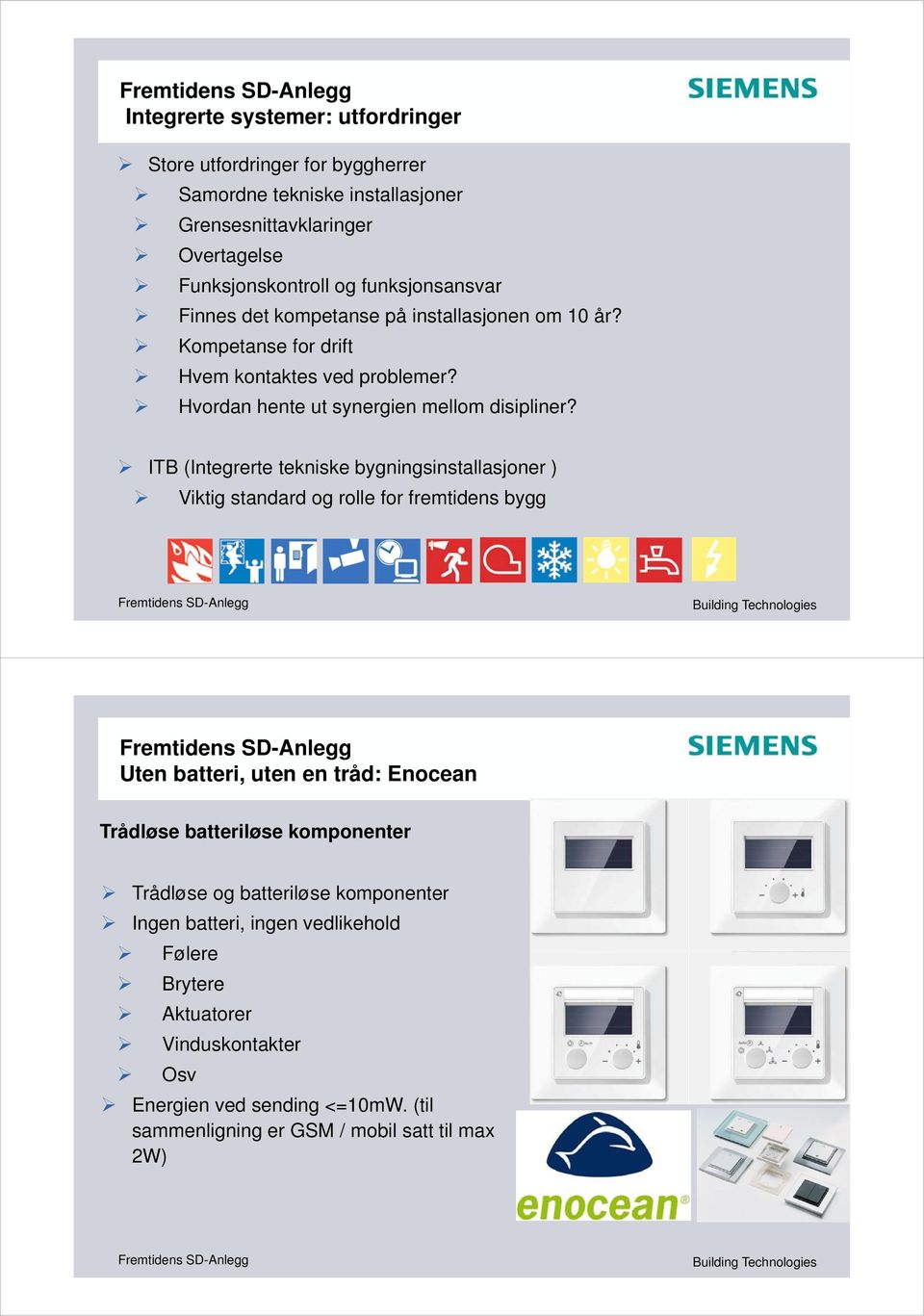 ITB (Integrerte tekniske bygningsinstallasjoner ) Viktig standard og rolle for fremtidens bygg Uten batteri, uten en tråd: Enocean Trådløse batteriløse komponenter