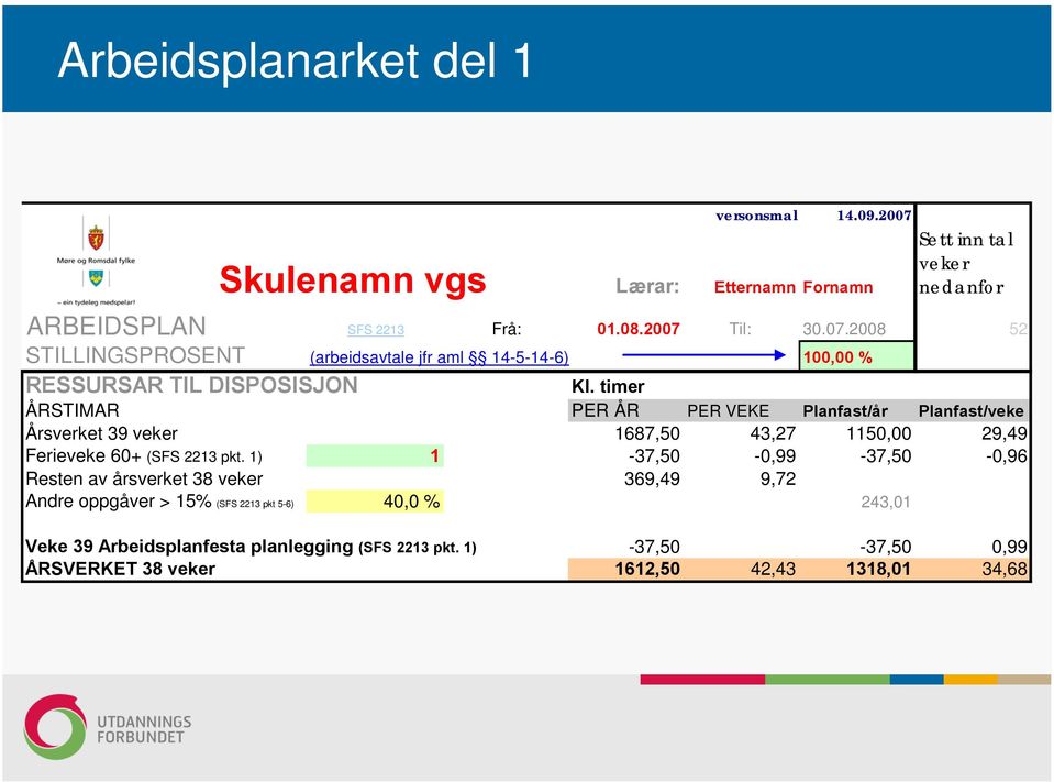 1) 1-37,5-37,50-0,99-37,50-0,96 Resten av årsverket 38 veker 369,49 9,72 Andre oppgåver > 15% (SFS 2213 pkt 5-6) 40,0 % 243,01 243,01 243,01 Veke 40 Andre oppgaver > 70% (SFS