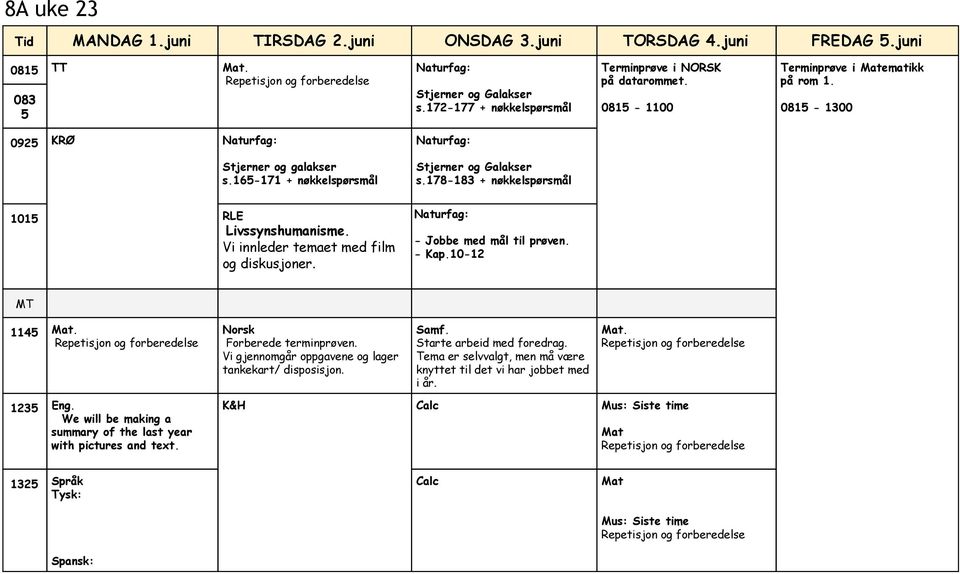 Vi innleder temaet med film og diskusjoner. - Jobbe med mål til prøven. - Kap.10-12 1145 Mat. Norsk Forberede terminprøven. Vi gjennomgår oppgavene og lager tankekart/ disposisjon. Samf.