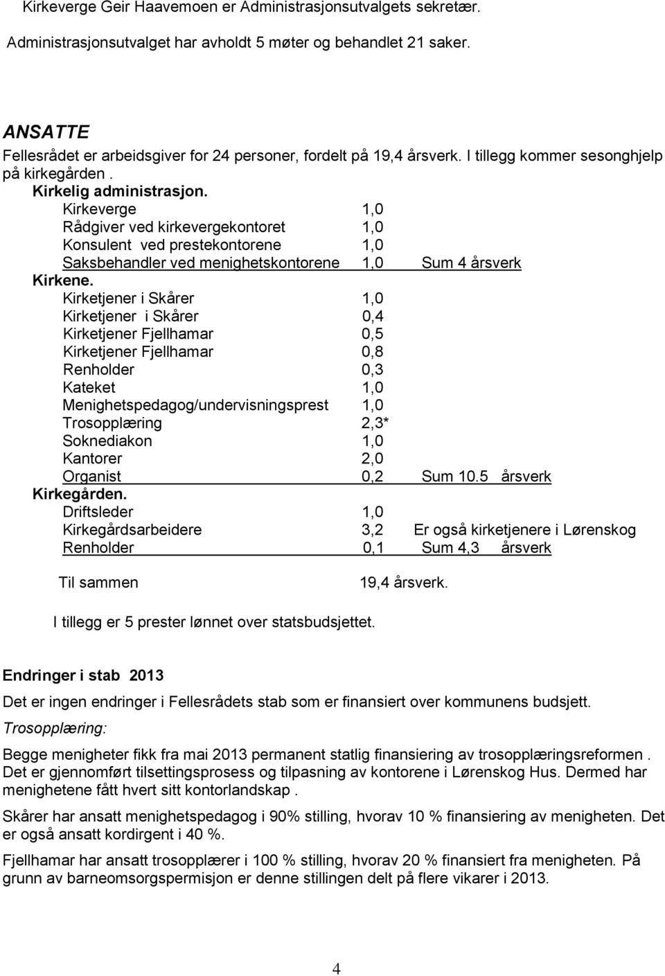 Kirkeverge 1,0 Rådgiver ved kirkevergekontoret 1,0 Konsulent ved prestekontorene 1,0 Saksbehandler ved menighetskontorene 1,0 Sum 4 årsverk Kirkene.