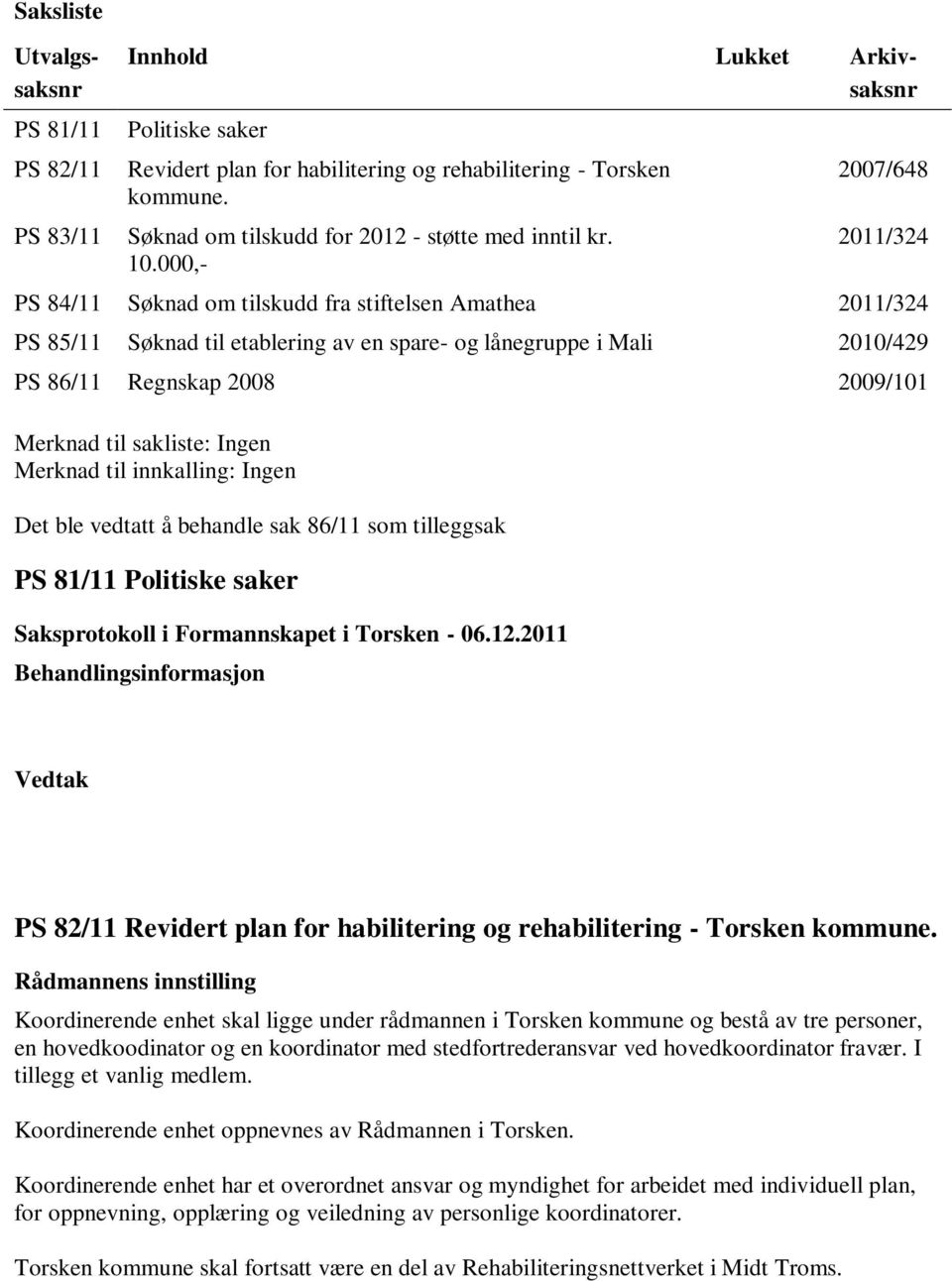 000,- 2007/648 2011/324 PS 84/11 Søknad om tilskudd fra stiftelsen Amathea 2011/324 PS 85/11 Søknad til etablering av en spare- og lånegruppe i Mali 2010/429 PS 86/11 Regnskap 2008 2009/101 Merknad