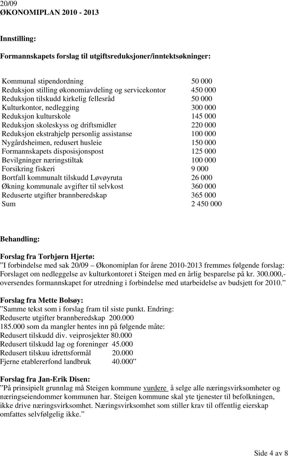 Nygårdsheimen, redusert husleie 150 000 Formannskapets disposisjonspost 125 000 Bevilgninger næringstiltak 100 000 Forsikring fiskeri 9 000 Bortfall kommunalt tilskudd Løvøyruta 26 000 Økning