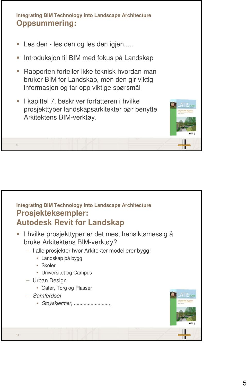 opp viktige spørsmål I kapittel 7. beskriver forfatteren i hvilke prosjekttyper landskapsarkitekter bør benytte Arkitektens BIM-verktøy.