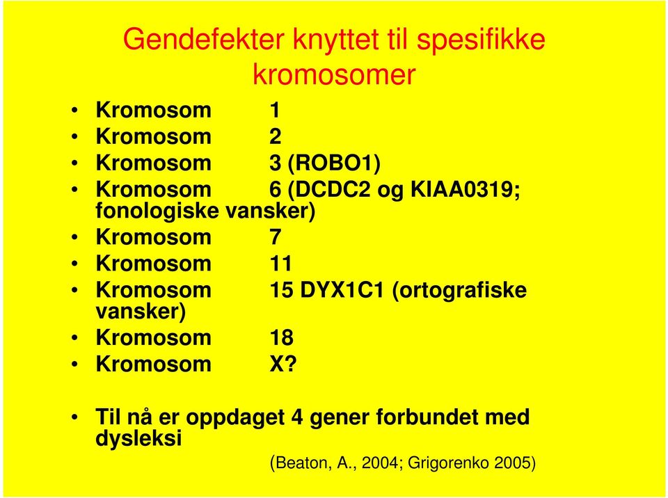 Kromosom 11 Kromosom vansker) 15 DYX1C1 (ortografiske Kromosom 18 Kromosom X?