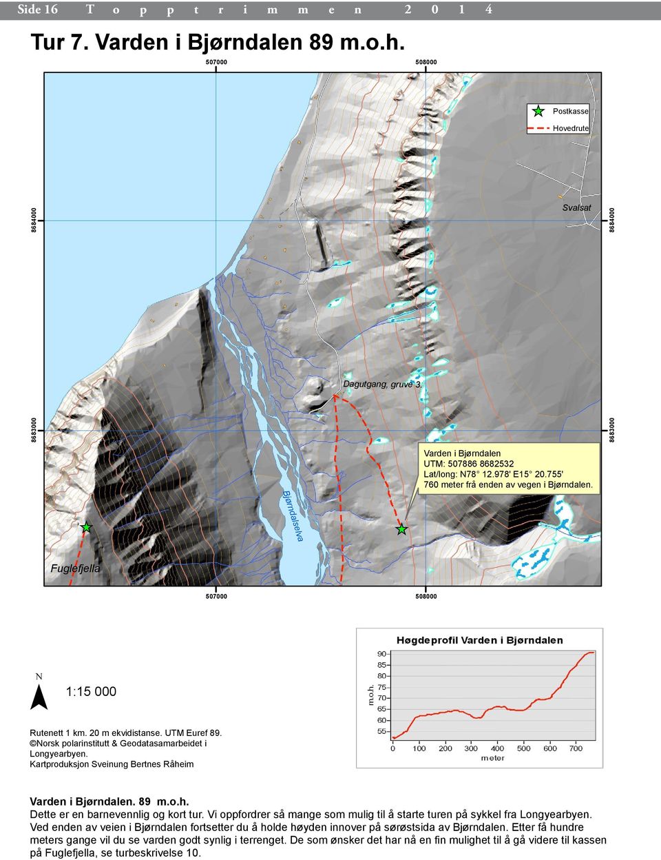 UTM Euref 89. Norsk polarinstitutt & Geodatasamarbeidet i Longyearbyen. Kartproduksjon Sveinung Bertnes Råheim Varden i Bjørndalen. 89 m.o.h. Dette er en barnevennlig og kort tur.