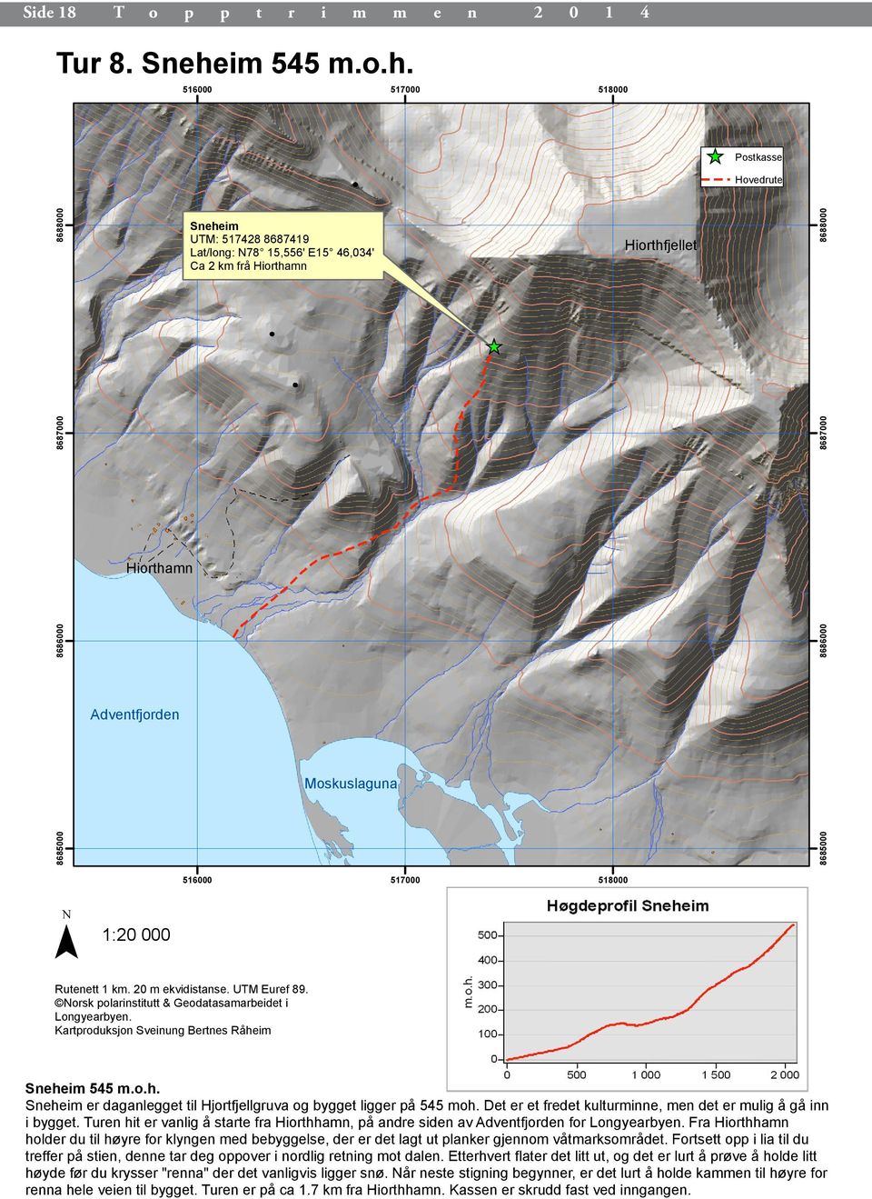 516000 517000 518000 Postkasse Hovedrute 8688000 Sneheim UTM: 517428 8687419 Lat/long: N78 15,556' E15 46,034' Ca 2 km frå Hiorthamn Hiorthfjellet 8685000 8685000 8686000 8686000 8687000 8687000