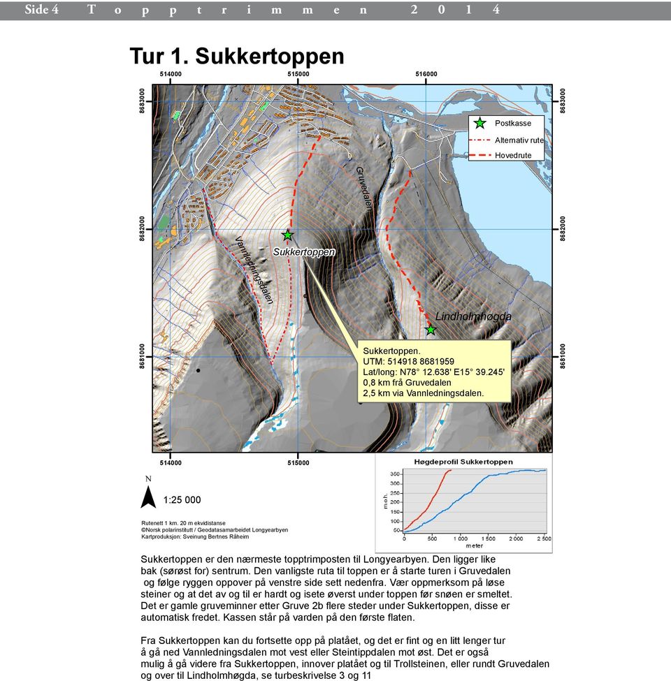 UTM: 514918 8681959 Lat/long: N78 12.638' E15 39.245' 0,8 km frå Gruvedalen 2,5 km via Vannledningsdalen. 8681000 1:25 514000 000 Rutenett 1 km.