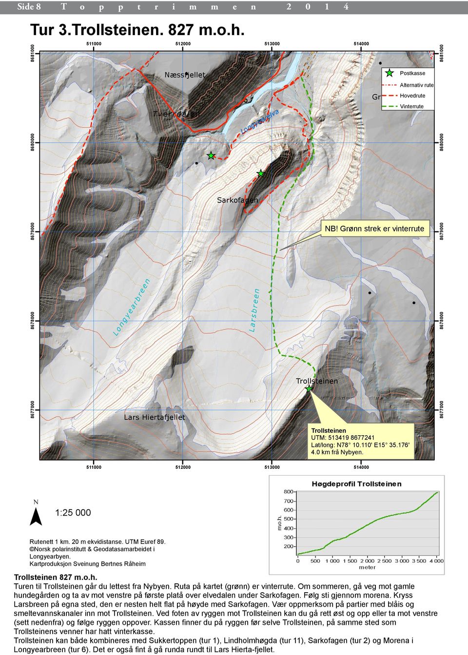 Grønn strek er vinterrute 8679000 8678000 L o n g y e a r b r e e n L a r s b r e e n 8678000 Trollsteinen 8677000 Lars Hiertafjellet 8677000 Trollsteinen UTM: 513419 8677241 Lat/long: N78 10.