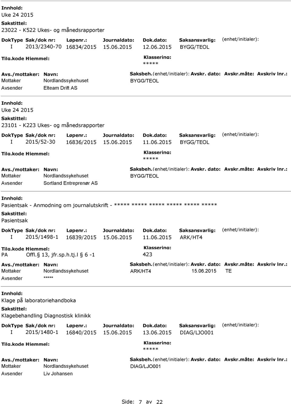 2015 Avsender Sortland Entreprenør AS nnhold: asientsak - Anmodning om journalutskrift - asientsak 2015/1498-1 16839/2015 11.06.