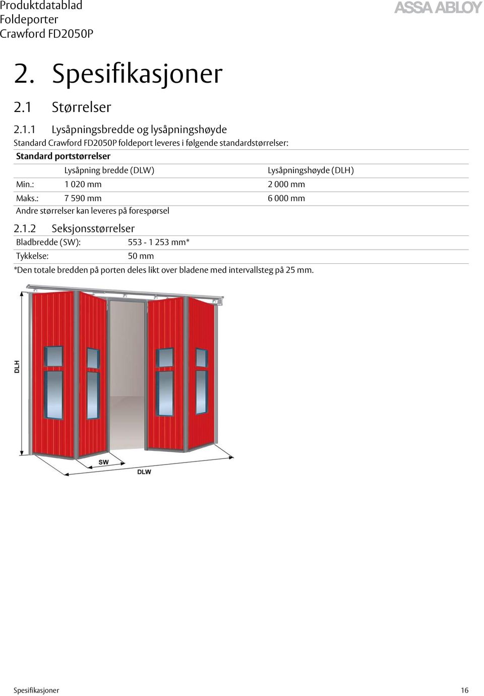 1 Lysåpningsbredde og lysåpningshøyde Standard foldeport leveres i følgende standardstørrelser: Standard