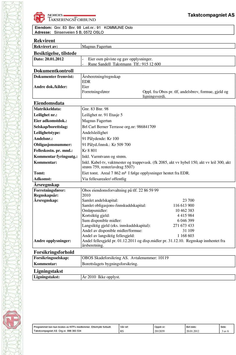 Eiendomsdata Matrikkeldata: Gnr. 83 Bnr. 98 Leilighet nr.: Leilighet nr. 91 Etasje 5 Eier adkomstdok.: Magnus Fagertun Selskap/borettslag: Brl Carl Berner Terrasse org.