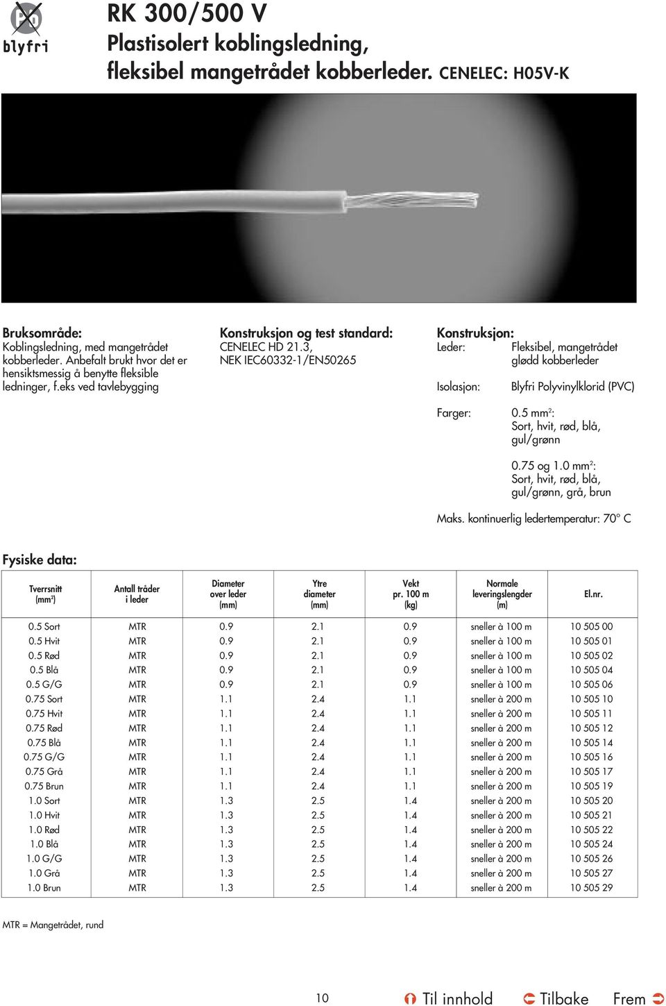 3, NEK IEC60332-1/EN265 Konstruksjon: Leder: Fleksibel, mangetrådet glødd kobberleder Isolasjon: Blyfri Polyvinylklorid (PVC) Farger: 0.5 mm 2 : Sort, hvit, rød, blå, gul/grønn 0.5 og 1.