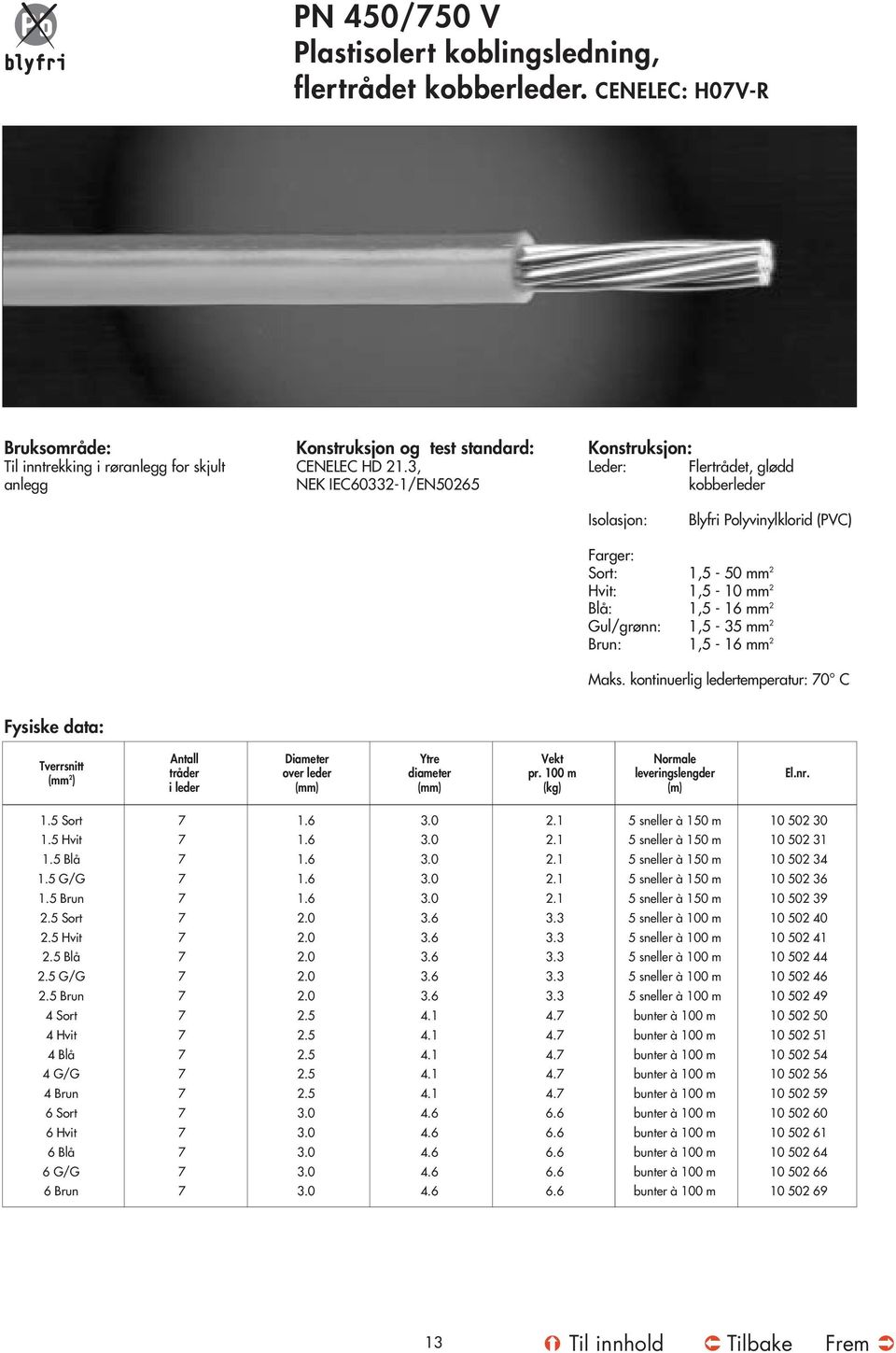 Brun: 1,5-16 mm 2 Maks. kontinuerlig ledertemperatur: 0 C Fysiske data: Tverrsnitt (mm 2 ) Antall tråder i leder Diameter over leder Ytre diameter Vekt pr. 100 m (kg) Normale leveringslengder (m) El.