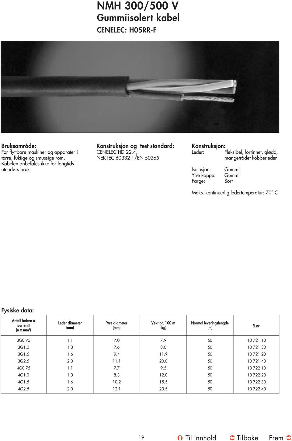 kontinuerlig ledertemperatur: 0 C Fysiske data: Antall ledere x tverrsnitt (n x mm 2 ) Leder diameter Ytre diameter Vekt pr. 100 m (kg) Normal leveringslengde (m) El.nr. 3G0.5 1.1.0.9 10 21 10 3G1.