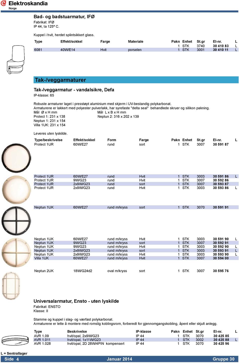 skjerm i UV-bestandig polykarbonat. Armaturene er lakkert med polyester pulverlakk, har syrefaste "delta seal" behandlede skruer og silikon pakning.