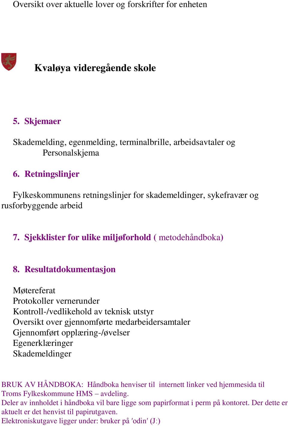 Resultatdokumentasjon Møtereferat Protokoller vernerunder Kontroll-/vedlikehold av teknisk utstyr Oversikt over gjennomførte medarbeidersamtaler Gjennomført opplæring-/øvelser Egenerklæringer