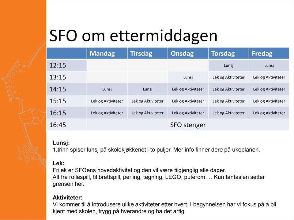 og Aktiviteter 16:45 SFO stenger Lunsj: 1.trinn spiser lunsj på skolekjøkkenet i to puljer. Mer info finner dere på ukeplanen.