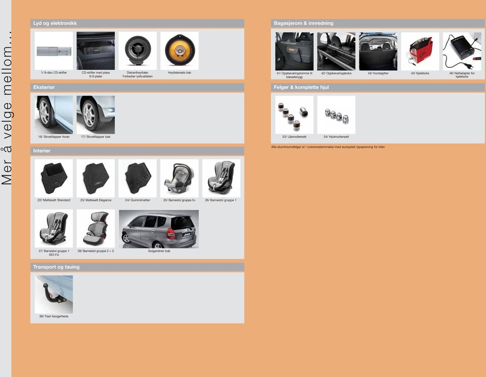 Forbedrer lydkvaliteten Høyttalersats bak 41/ Oppbevaringslomme til bakseterygg Felger & komplette hjul 53/ Låsmuttersett 42/ Oppbevaringsboks 43/ Hundegitter 45/ Kjøleboks 46/