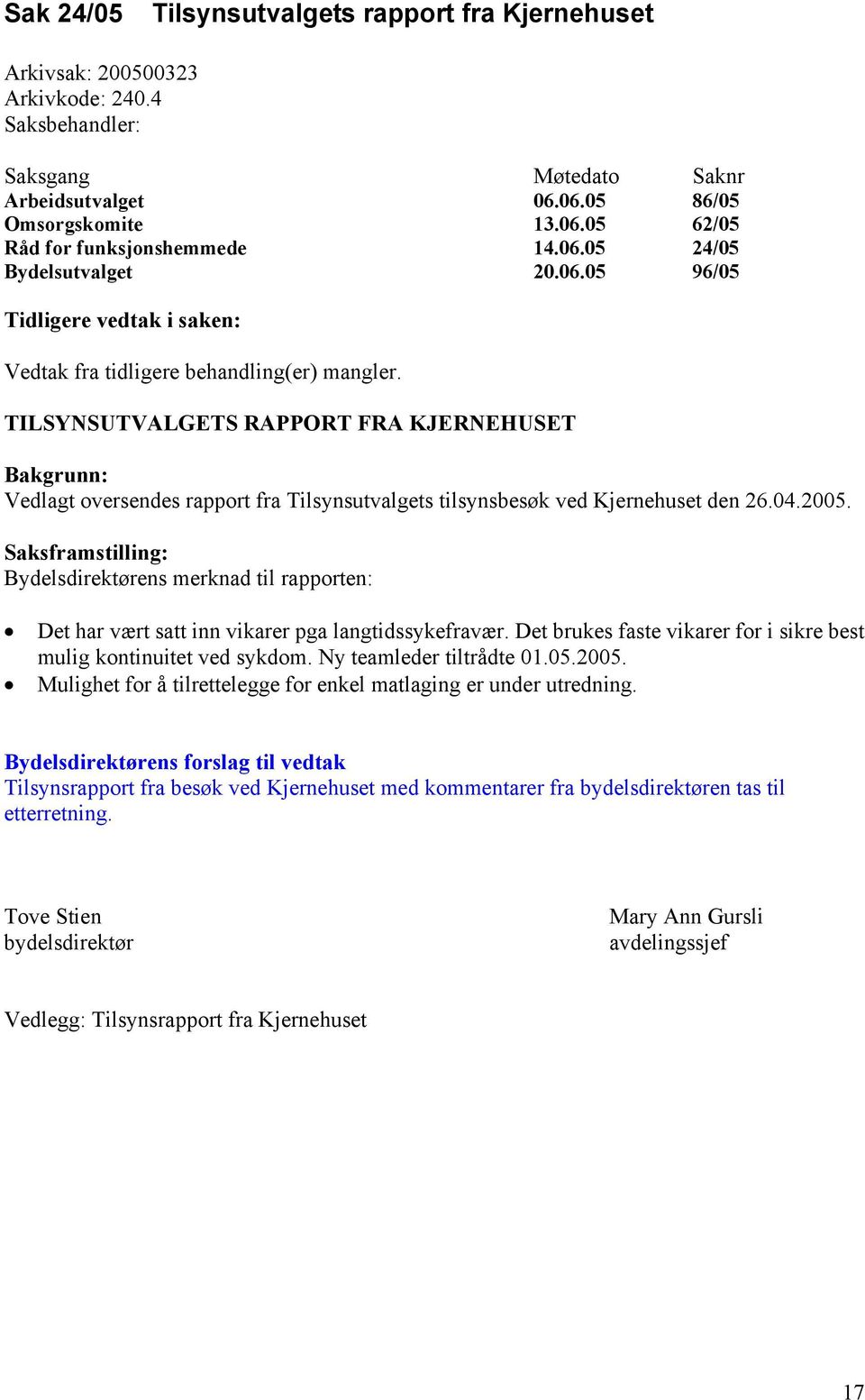 TILSYNSUTVALGETS RAPPORT FRA KJERNEHUSET Bakgrunn: Vedlagt oversendes rapport fra Tilsynsutvalgets tilsynsbesøk ved Kjernehuset den 26.04.2005.