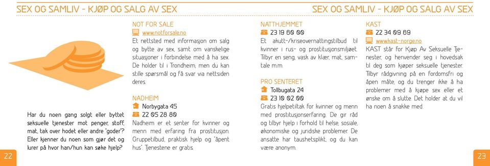 NADHEIM Norbygata 45 22 05 28 80 Nadheim er et senter for kvinner og menn med erfaring fra prostitusjon. Gruppetilbud, praktisk hjelp og "åpent hus". Tjenestene er gratis.