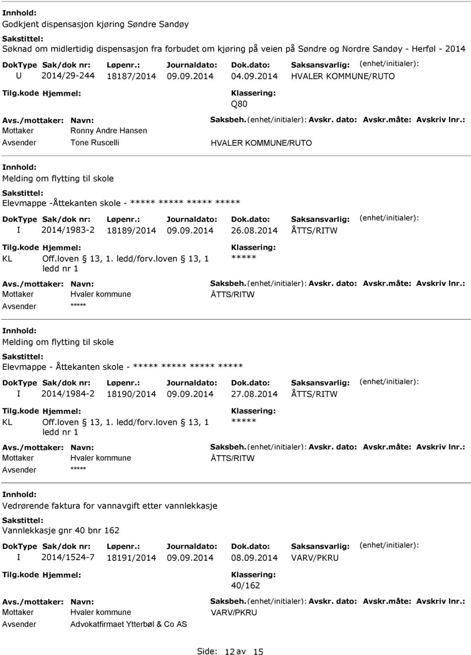 2014 HVALER KOMMNE/RTO Q80 Mottaker Ronny Andre Hansen Tone Ruscelli HVALER KOMMNE/RTO Melding om flytting til skole Elevmappe -Åttekanten skole - 2014/1983-2 18189/2014