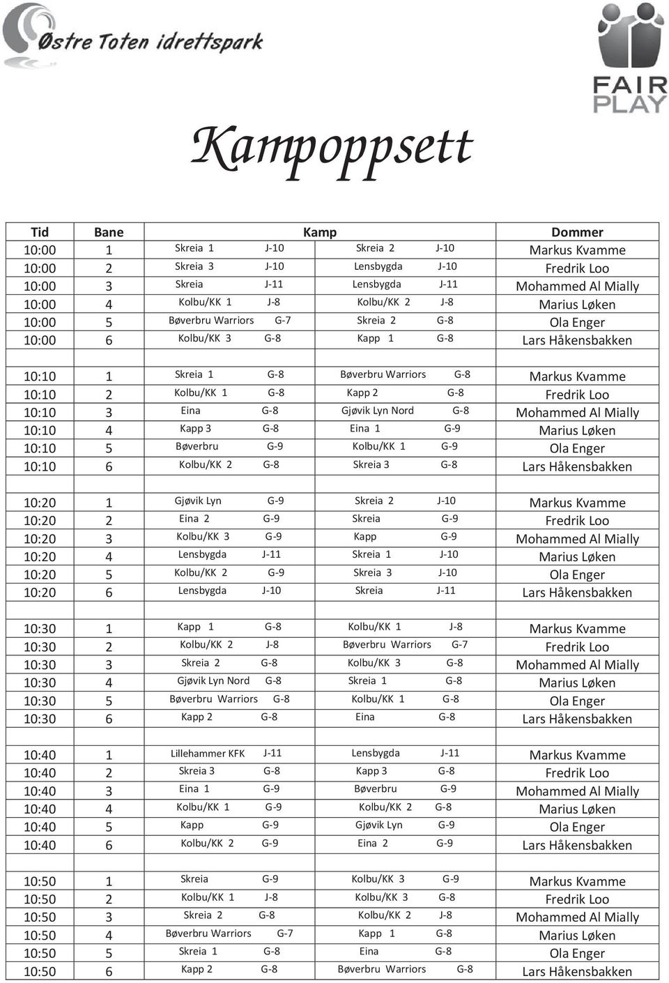 G-8 Fredrik Loo 10:10 3 Eina G-8 Gjøvik Lyn Nord G-8 Mohammed Al Mially 10:10 4 Kapp 3 G-8 Eina 1 G-9 Marius Løken 10:10 5 Bøverbru G-9 Kolbu/KK 1 G-9 Ola Enger 10:10 6 Kolbu/KK 2 G-8 Skreia 3 G-8