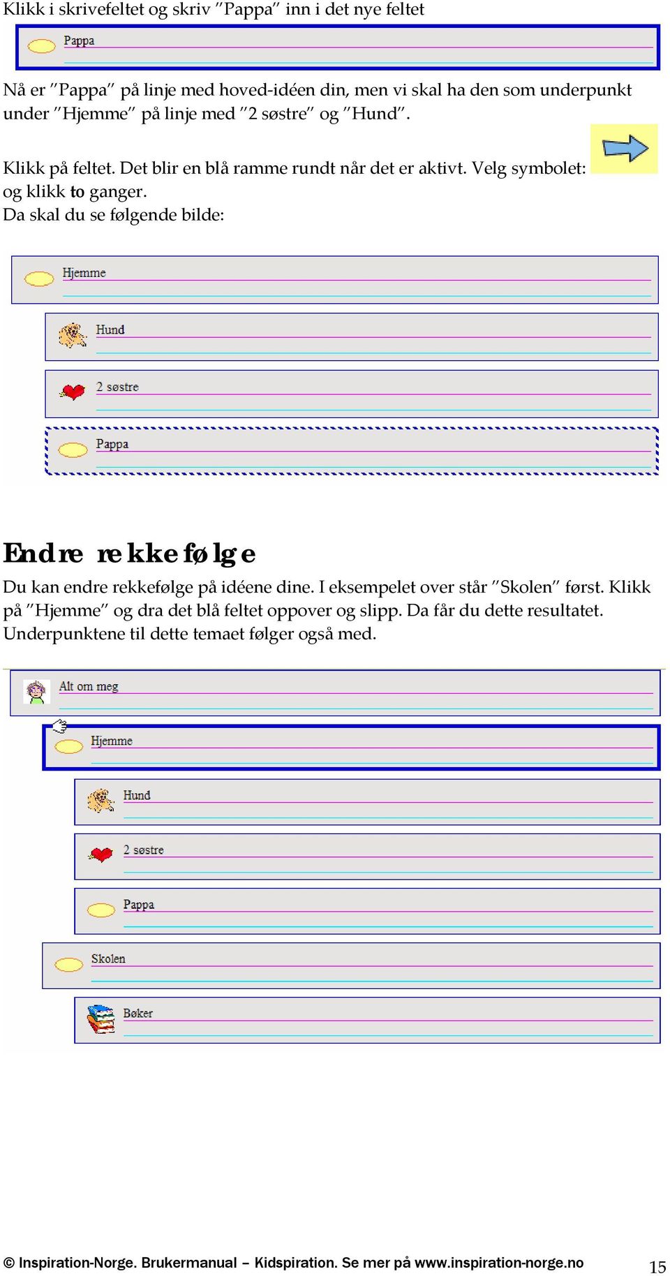 Da skal du se følgende bilde: Endre rekkefølge Du kan endre rekkefølge på idéene dine. I eksempelet over står Skolen først.