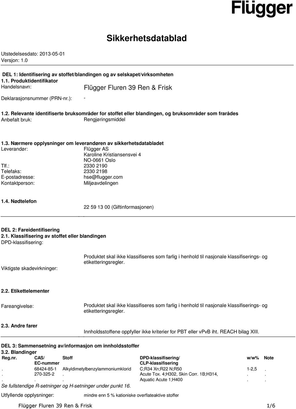 leverandøren av sikkerhetsdatabladet Leverandør: Flügger AS Karoline Kristiansensvei 4 NO-0661 Oslo Tlf: 2330 2190 Telefaks: 2330 2198 E-postadresse: hse@fluggercom Kontaktperson: Miljøavdelingen 14