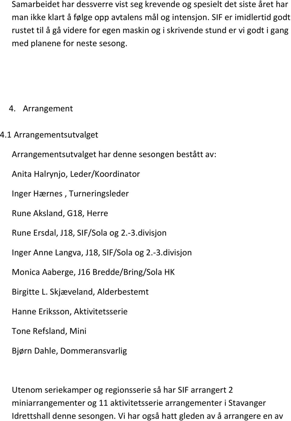 1 Arrangementsutvalget Arrangementsutvalget har denne sesongen bestått av: Anita Halrynjo, Leder/Koordinator Inger Hærnes, Turneringsleder Rune Aksland, G18, Herre Rune Ersdal, J18, SIF/Sola og 2.-3.
