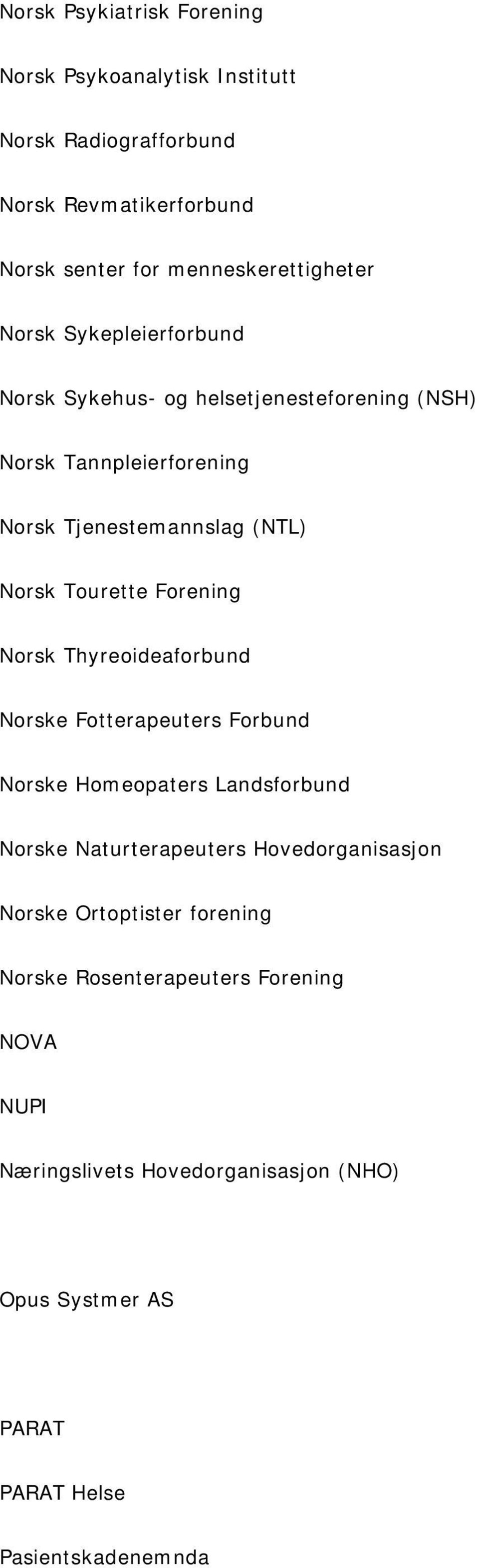 Forening Norsk Thyreoideaforbund Norske Fotterapeuters Forbund Norske Homeopaters Landsforbund Norske Naturterapeuters Hovedorganisasjon Norske