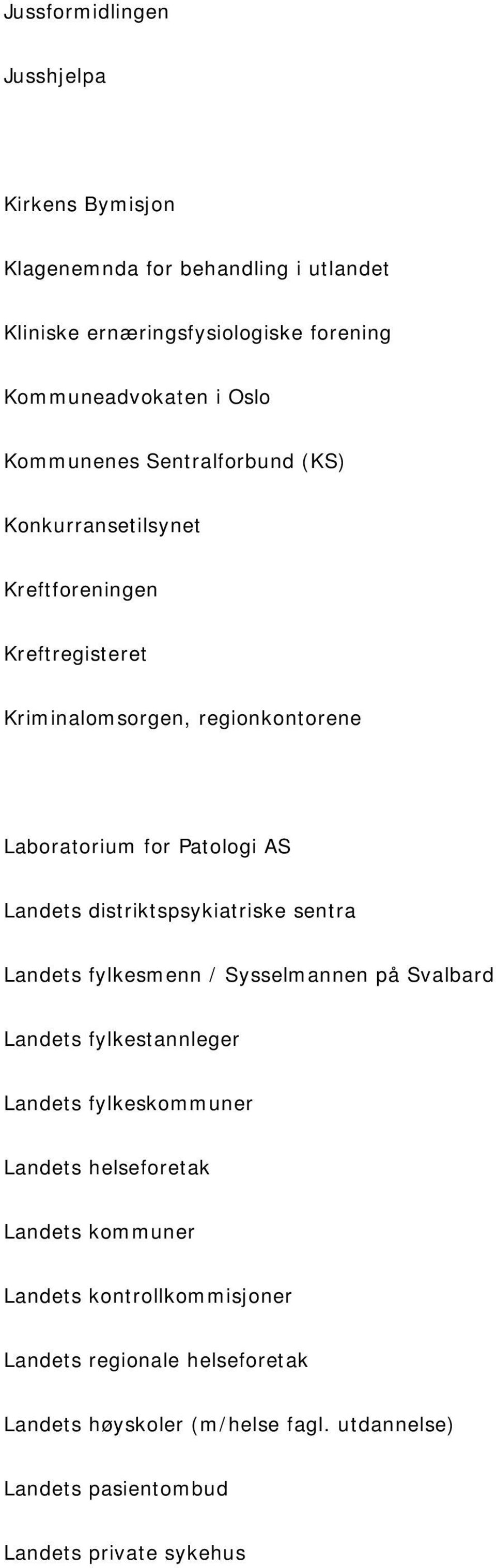 Landets distriktspsykiatriske sentra Landets fylkesmenn / Sysselmannen på Svalbard Landets fylkestannleger Landets fylkeskommuner Landets helseforetak