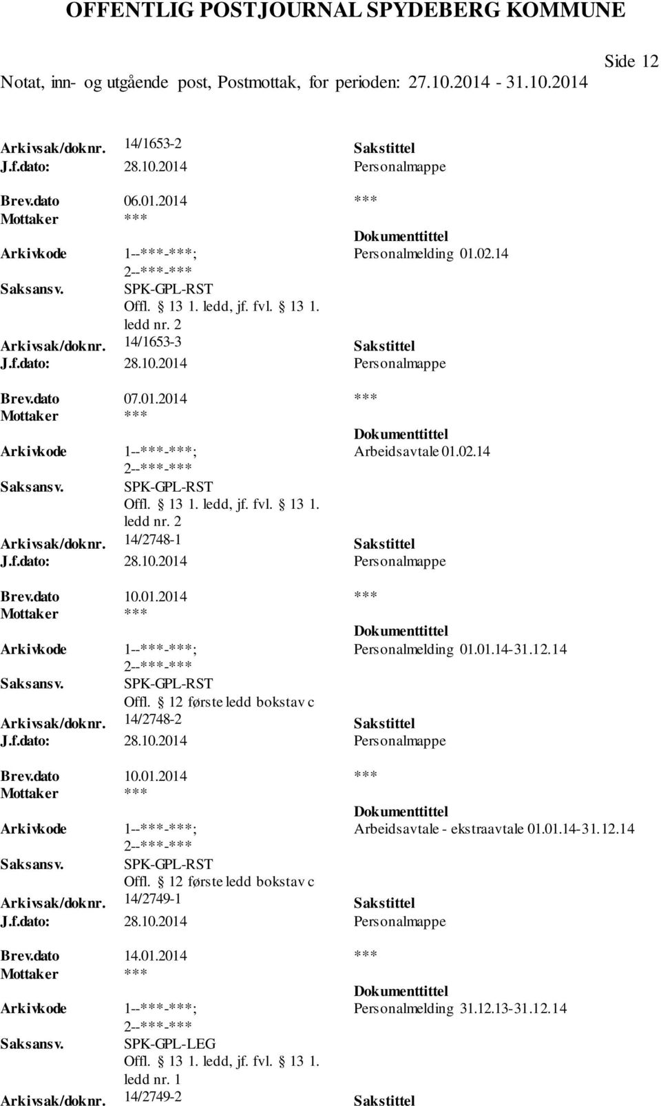 14 SPK-GPL-RST Offl. 12 første ledd bokstav c Arkivsak/doknr. 14/2748-2 Sakstittel Brev.dato 10.01.2014 *** Arbeidsavtale - ekstraavtale 01.01.14-31.12.14 SPK-GPL-RST Offl. 12 første ledd bokstav c Arkivsak/doknr. 14/2749-1 Sakstittel Brev.