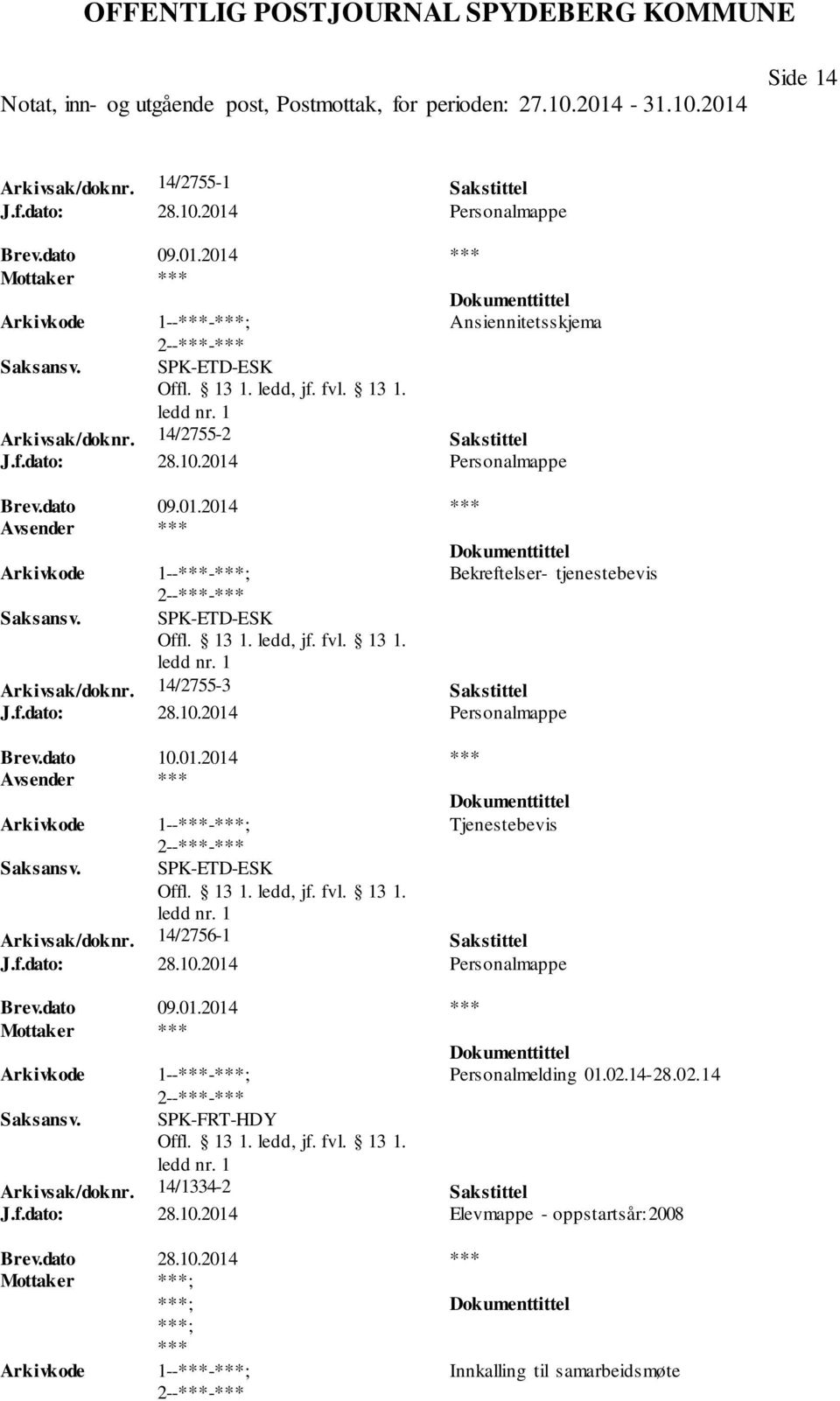 dato 10.01.2014 *** Tjenestebevis SPK-ETD-ESK Arkivsak/doknr. 14/2756-1 Sakstittel Brev.dato 09.01.2014 *** Personalmelding 01.02.