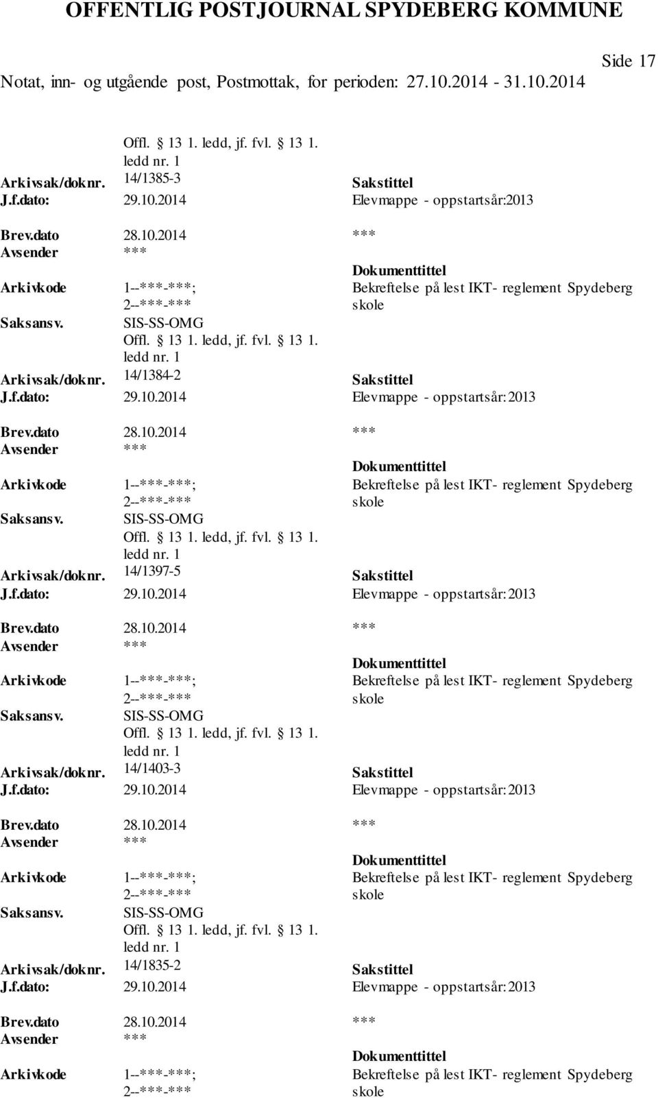 f.dato: 29.10.2014 Elevmappe - oppstartsår: 2013 Bekreftelse på lest IKT- reglement Spydeberg skole 