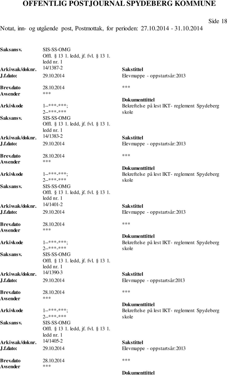 2014 Elevmappe - oppstartsår: 2013 Bekreftelse på lest IKT- reglement Spydeberg skole Arkivsak/doknr. 14/1401-2 Sakstittel J.f.dato: 29.10.