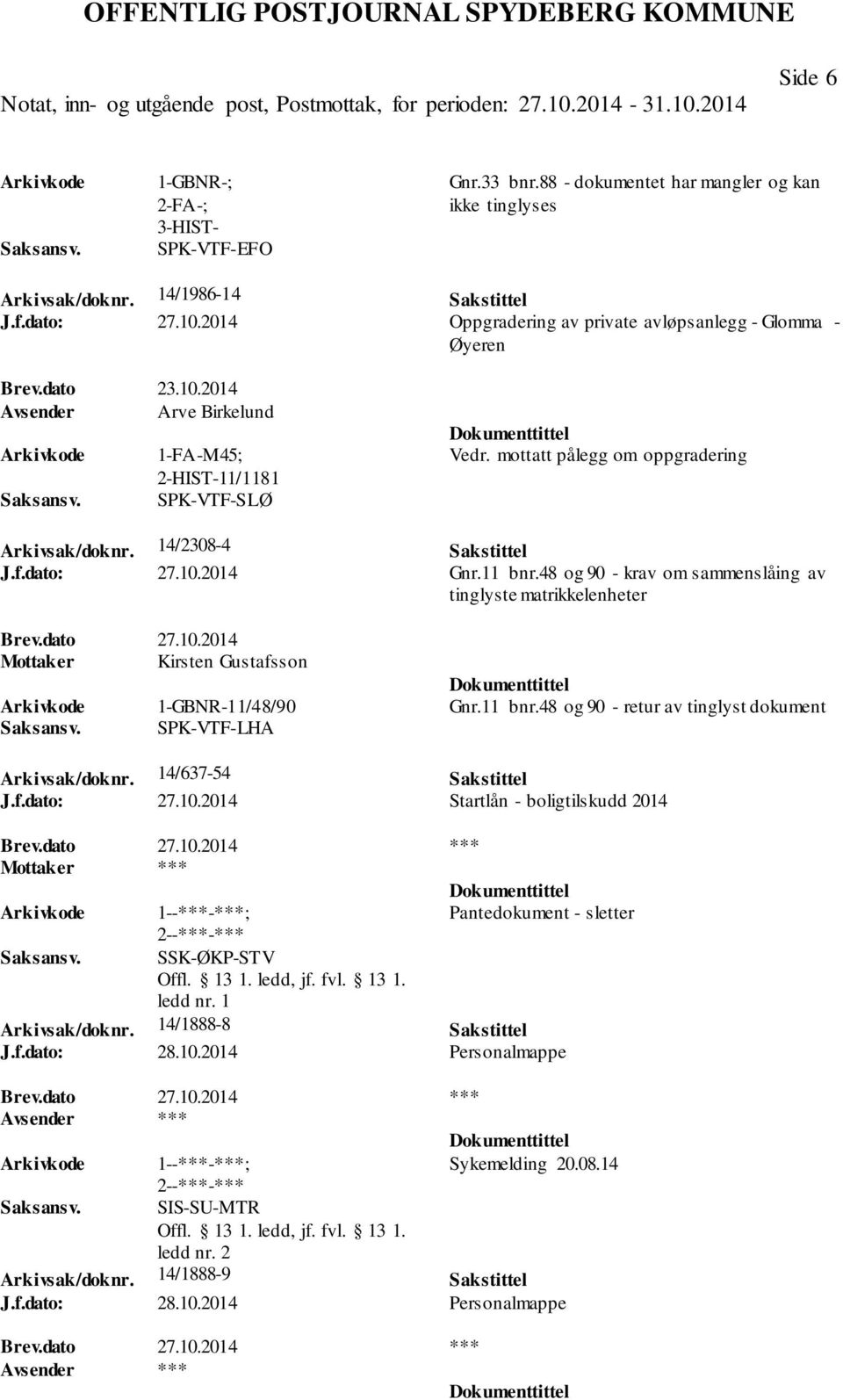 14/2308-4 Sakstittel J.f.dato: 27.10.2014 Gnr.11 bnr.48 og 90 - krav om sammenslåing av tinglyste matrikkelenheter Brev.dato 27.10.2014 Mottaker Kirsten Gustafsson 1-GBNR-11/48/90 Gnr.11 bnr.48 og 90 - retur av tinglyst dokument SPK-VTF-LHA Arkivsak/doknr.