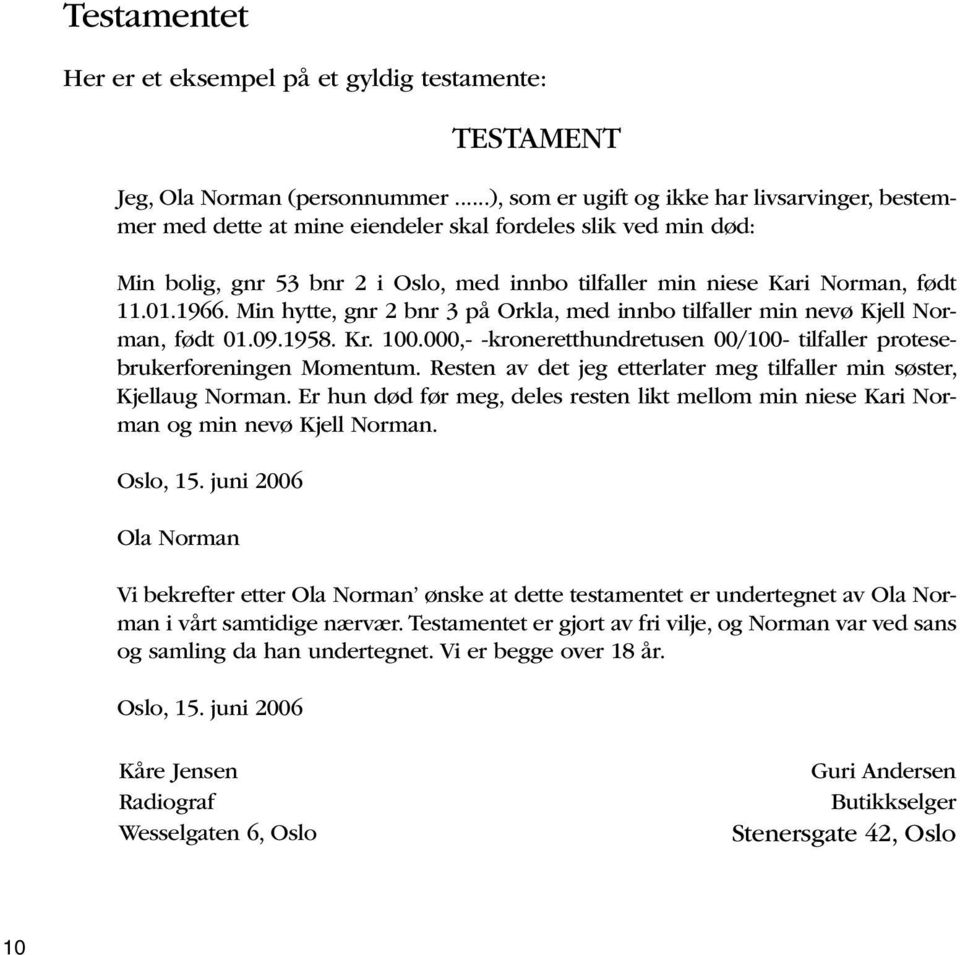 1966. Min hytte, gnr 2 bnr 3 på Orkla, med innbo tilfaller min nevø Kjell Norman, født 01.09.1958. Kr. 100.000,- -kroneretthundretusen 00/100- tilfaller protesebrukerforeningen Momentum.