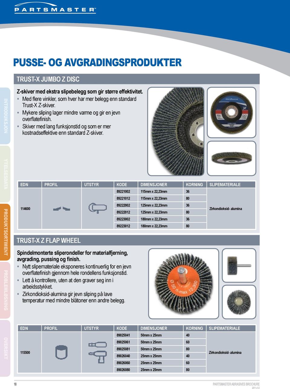 Skiver med lang funksjonstid og som er mer kostnadseffektive enn standard Z-skiver. 114600 Trust-X Z Flap Wheel Spindelmonterte sliperondeller for materialfjerning, avgrading, pussing og finish.