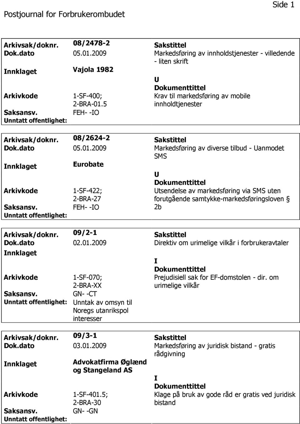 2009 Markedsføring av diverse tilbud - anmodet SMS nnklaget Eurobate 1-SF-422; 2-BRA-27 FEH- -O tsendelse av markedsføring via SMS uten forutgående samtykke-markedsføringsloven 2b Arkivsak/doknr.