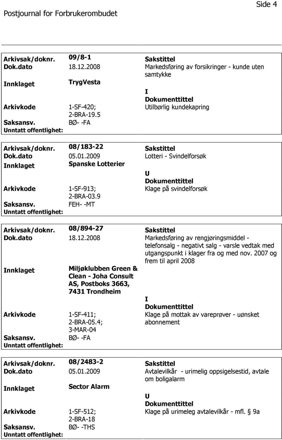 2008 Markedsføring av rengjøringsmiddel - telefonsalg - negativt salg - varsle vedtak med utgangspunkt i klager fra og med nov.