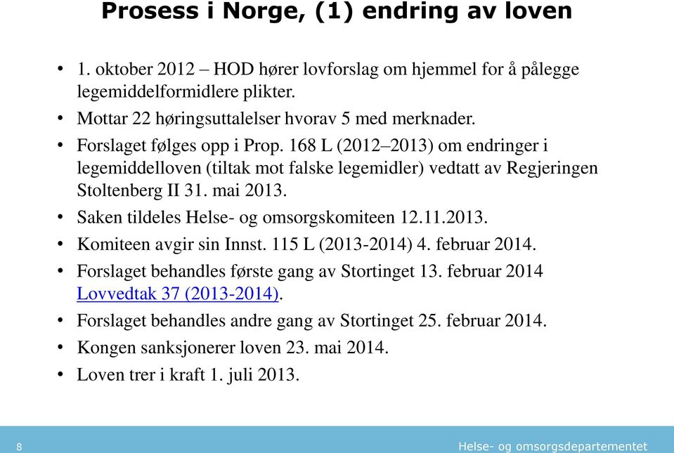 168 L (2012 2013) om endringer i legemiddelloven (tiltak mot falske legemidler) vedtatt av Regjeringen Stoltenberg II 31. mai 2013.