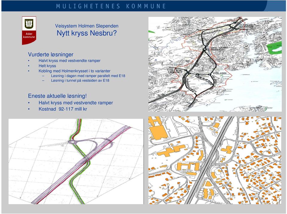 Holmenkrysset i to varianter Løsning i dagen med ramper parallelt med E18