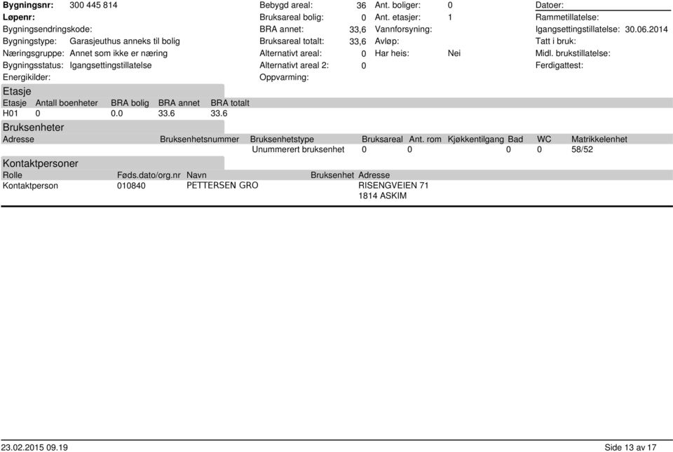 boliger: Ant. etasjer: Vannforsyning: Avløp: Har heis: Kontaktpersoner Føds.dato/org.