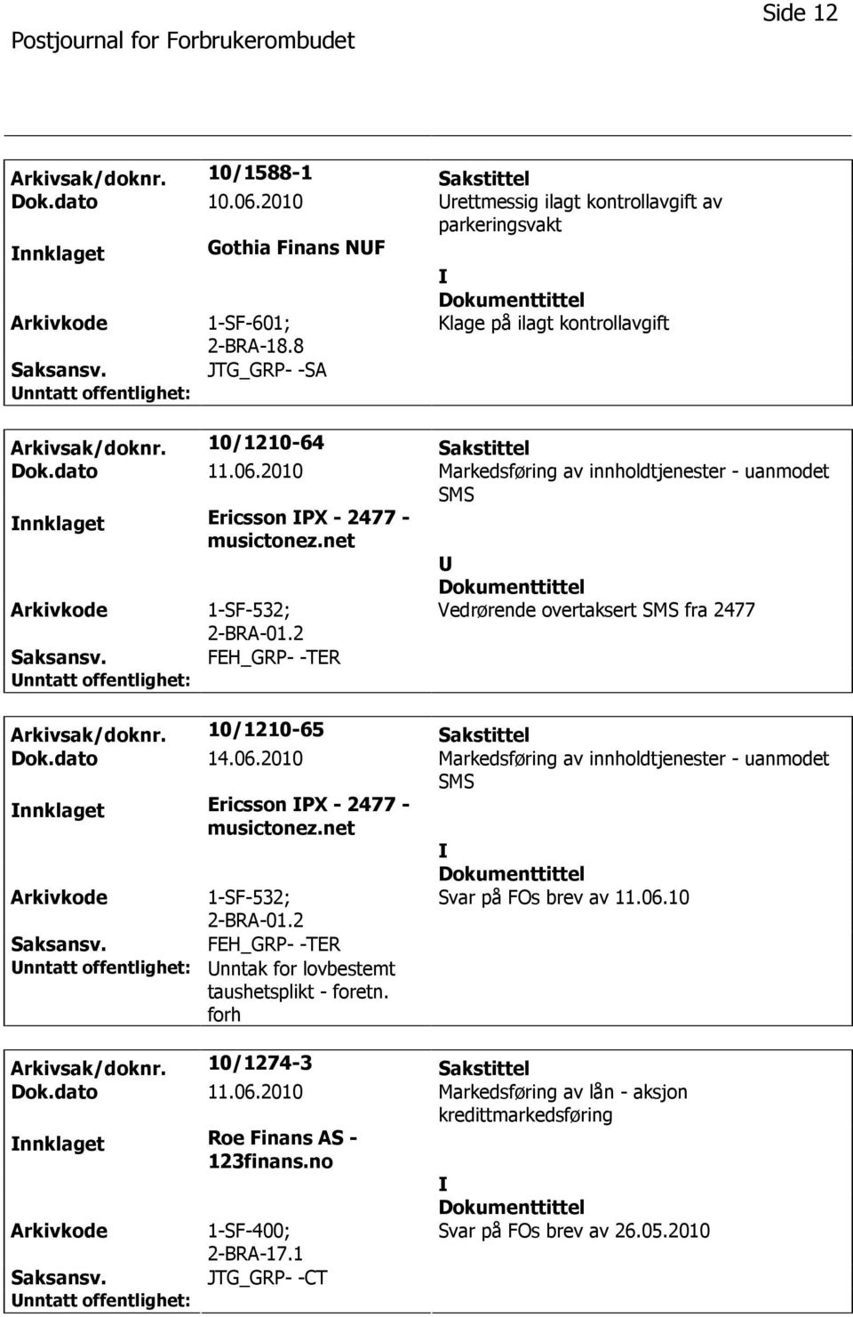 net 1-SF-532; 2-BRA-01.2 Vedrørende overtaksert SMS fra 2477 FEH_GRP- -TER Arkivsak/doknr. 10/1210-65 Sakstittel Dok.dato 14.06.