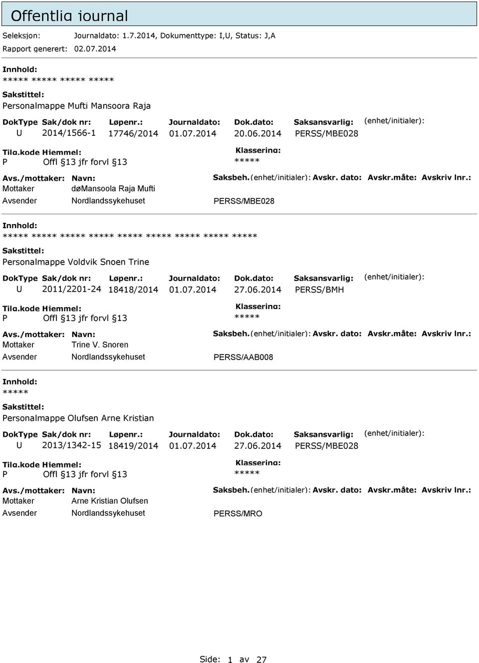 : Mottaker dømansoola Raja Mufti ERSS/MBE028 ersonalmappe Voldvik Snoen Trine 2011/2201-24 18418/2014 ERSS/BMH Avs./mottaker: Navn: Saksbeh. Avskr. dato: Avskr.