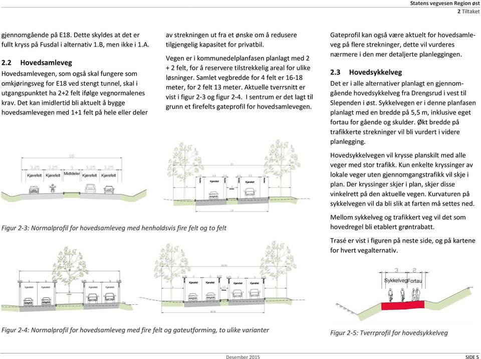 Vegen er i kommunedelplanfasen planlagt med 2 + 2 felt, for å reservere tilstrekkelig areal for ulike løsninger. Samlet vegbredde for 4 felt er 16-18 meter, for 2 felt 13 meter.