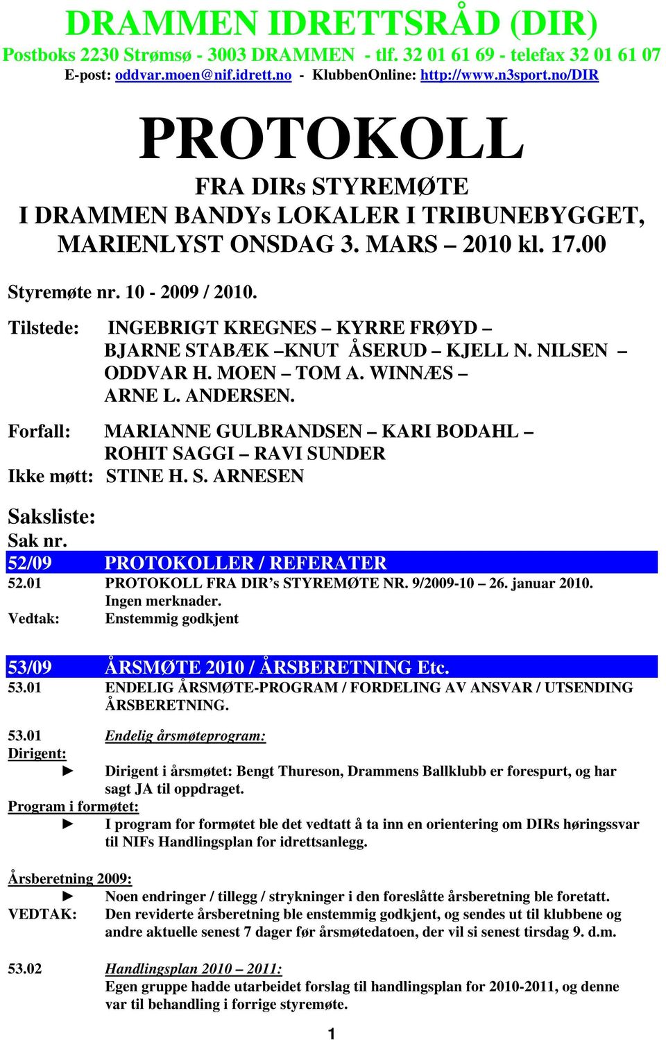 Tilstede: INGEBRIGT KREGNES KYRRE FRØYD BJARNE STABÆK KNUT ÅSERUD KJELL N. NILSEN ODDVAR H. MOEN TOM A. WINNÆS ARNE L. ANDERSEN.