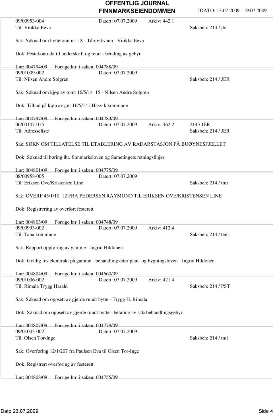 07.2009 Til: Nilsen Andre Solgren Sak: Søknad om kjøp av tomt 16/5/14 15 - Nilsen Andre Solgren Dok: Tilbud på kjøp av gnr 16/5/14 i Hasvik kommune Lnr: 004797/09 Forrige lnr.